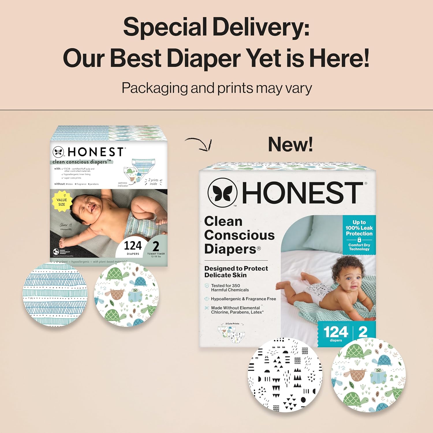 The Honest Company Clean Conscious Diapers for Delicate Skin | Up to 100% Leakproof | Hypoallergenic, Fragrance Free | Gender Neutral | Super Club Box, Size 2 (12-18 lbs), 124 Count (Prints May Vary)