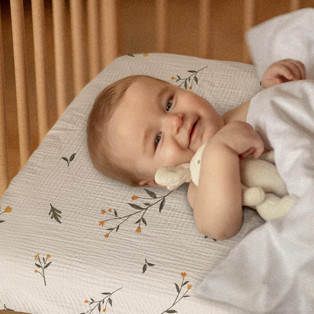 Gllquen Baby Muslin Mini Crib Sheets 3 Pack, Breathable Pack and Play Sheets Fitted Soft Cozy Cotton Pack N Play Sheets for Baby Boy Girls, Universal Fitted Mini Crib Mattresses 38"x26" (Green)