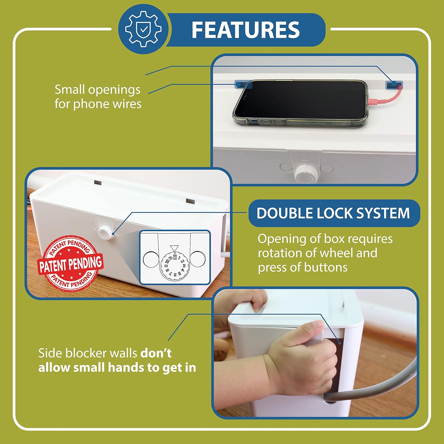 Power Strip Cover Box - Effectively Baby Proofs Power Strip with Patented Dual Lock. Convenient Side Openings for Cords & Cables. Protects Small Hands & Fingers