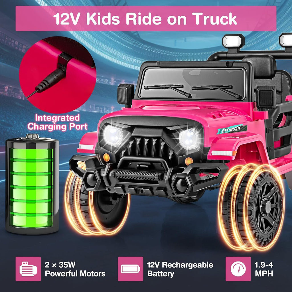 Costzon 12V Kids Ride on Truck Car, Electric Vehicle w/Remote Control, Threaded Wheels, 3 Speeds, LED Lights, Music, Horn & Wireless Connection, Battery Powered Ride on Toy for Boys & Girls 3+ (Pink)