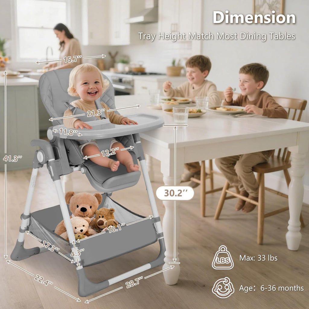 Kinder King Convertible Baby High Chair, Adjustable Feeding Chair for Babies and Toddlers with Removable Double Tray, Simple Compact Fold for Space-Saving, 2 Built-in Wheels, Easy to Clean, Gray