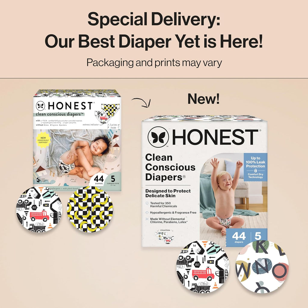 The Honest Company Clean Conscious Diapers for Delicate Skin | Up to 100% Leakproof | Hypoallergenic, Fragrance Free | Gender Neutral | Club Box, Size 5 (27+ lbs), 44 Count (Prints May Vary)