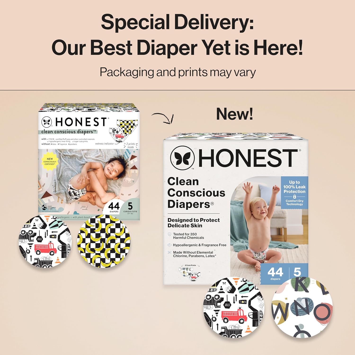 The Honest Company Clean Conscious Diapers for Delicate Skin | Up to 100% Leakproof | Hypoallergenic, Fragrance Free | Gender Neutral | Club Box, Size 5 (27+ lbs), 44 Count (Prints May Vary)