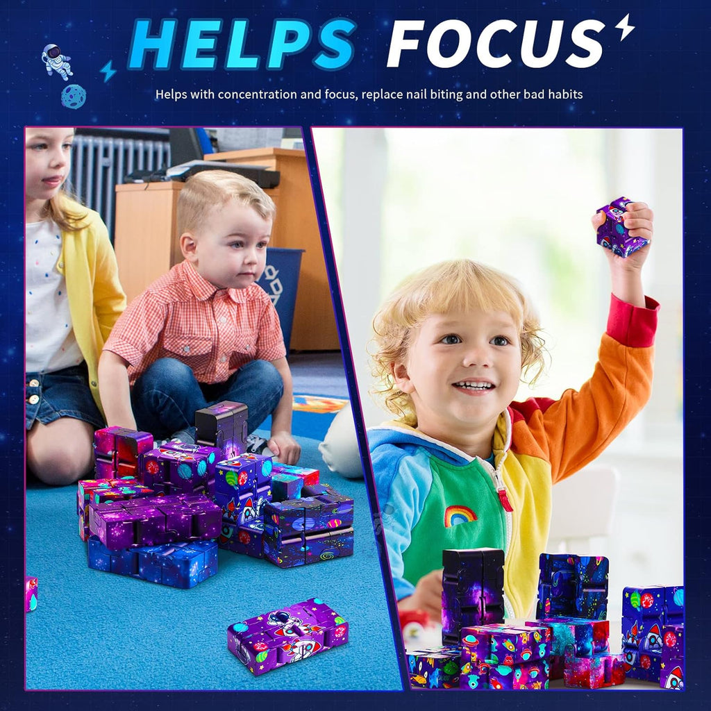 20 Pcs Galaxy Infinity Cube Toy Bulk with Drawstring Bag Mini Blocks Cube Gadget Sensory Toy Stress Anxiety Relief Magic Puzzle Flip Hand Held Fidget Blocks Party Stuffers for Kids Adults ADHD