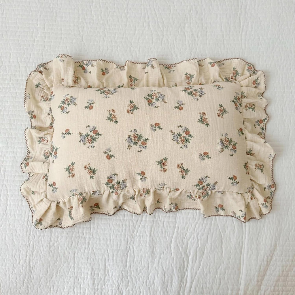 BuLuTu 2 Layers Muslin Toddler Pillowcases Fits for Crib Cot Cradle, Cotton Floral Pillow Cases for 1 2 3 4 5 6 Years Old Girls Boys, Envelope Travel Toddler Pillow Cover Protector with Ruffles