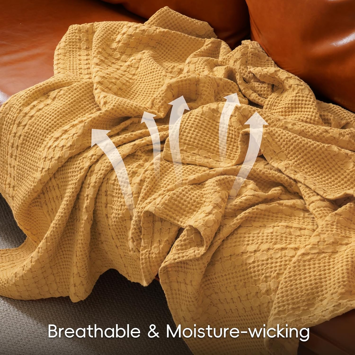 PHF 100% Cotton Waffle Weave Blanket King Size, Soft Lightweight Breathable Cozy Summer Blankets for Bed, Luxury Aesthetic Woven Bedding for Home Decor, 108"x90", Ginger/Honey Yellow