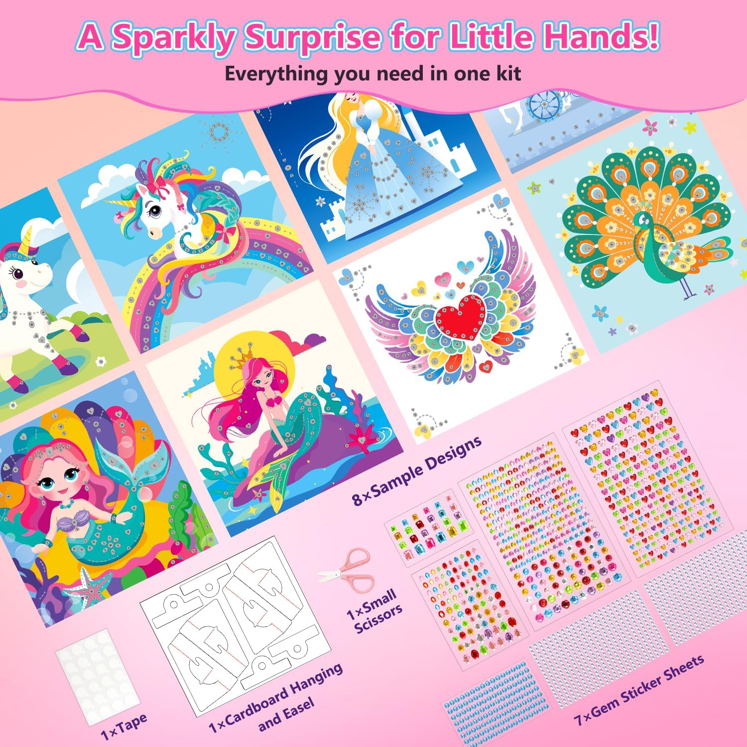 Marlrin Gem Sticker Kit for Kids, 8 Unicorn Princess Themes, Crafts Kits for Girls Ages 4-8, Arts & Crafts Toys, Diamond Art Kits for Kids - Birthday and Christmas Gift for Girls Ages 3, 4, 5, 6, 7, 8