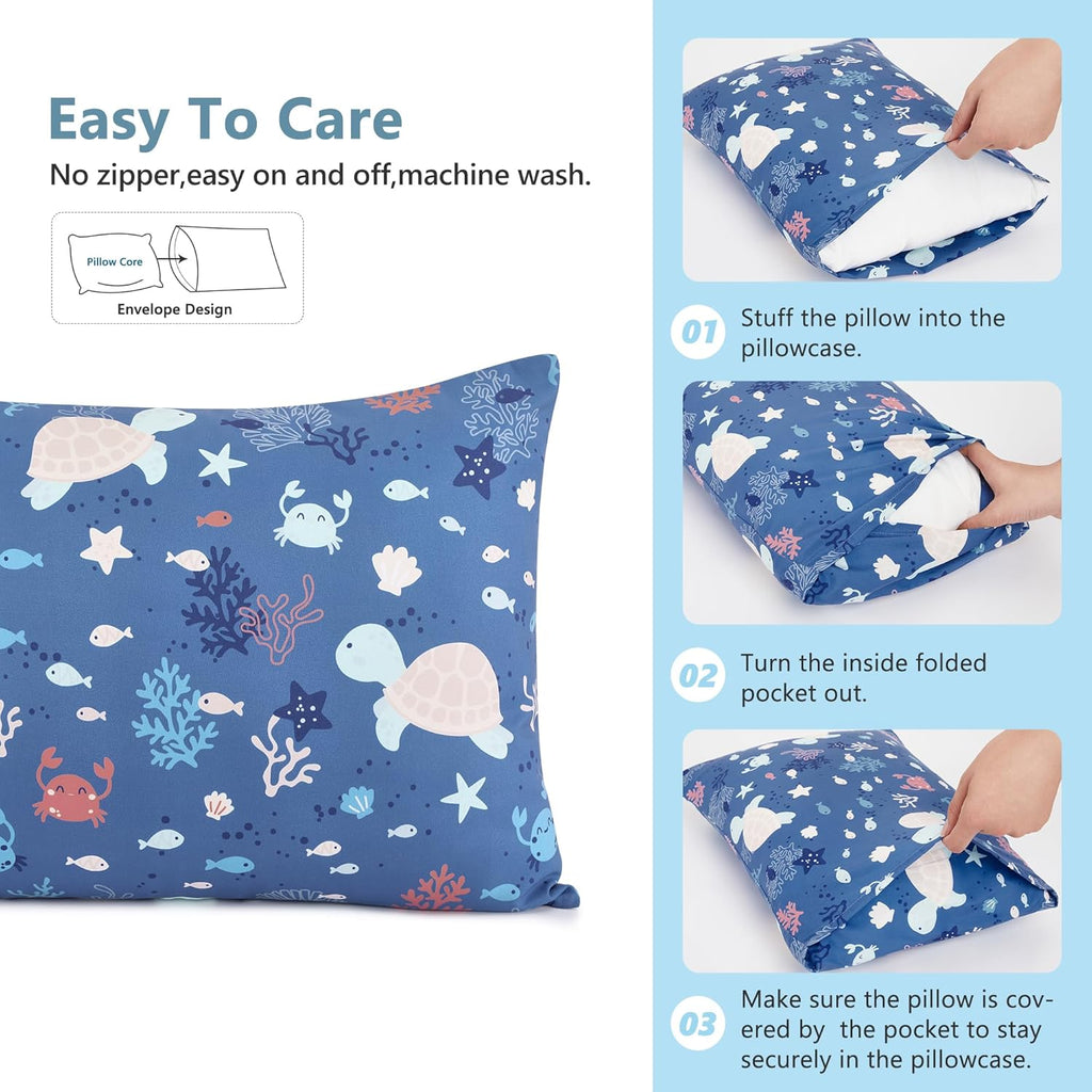 TILLYOU Toddler Pillowcase 2 Pack with Envelope Closure,13" x 18" Silky Soft Microfiber Travel Kids Pillowcase for Boys and Girls, Beach Time Turtle&Manta Ray