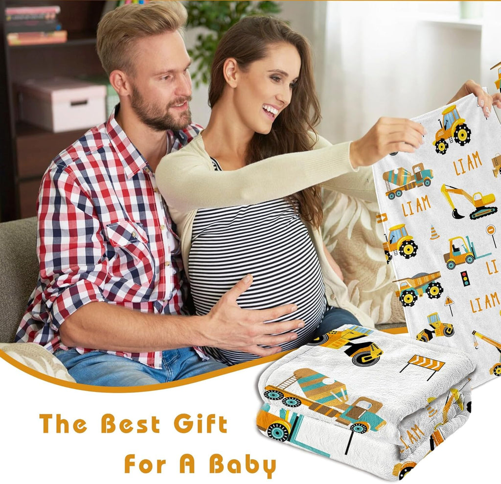 Personalized Truck Excavator Blanket with Name Cutsom Blanket for Baby Boy Car Lover Toddler Kids Customized Gifts for Baby Shower Christmas Birthday Newborn Gifts