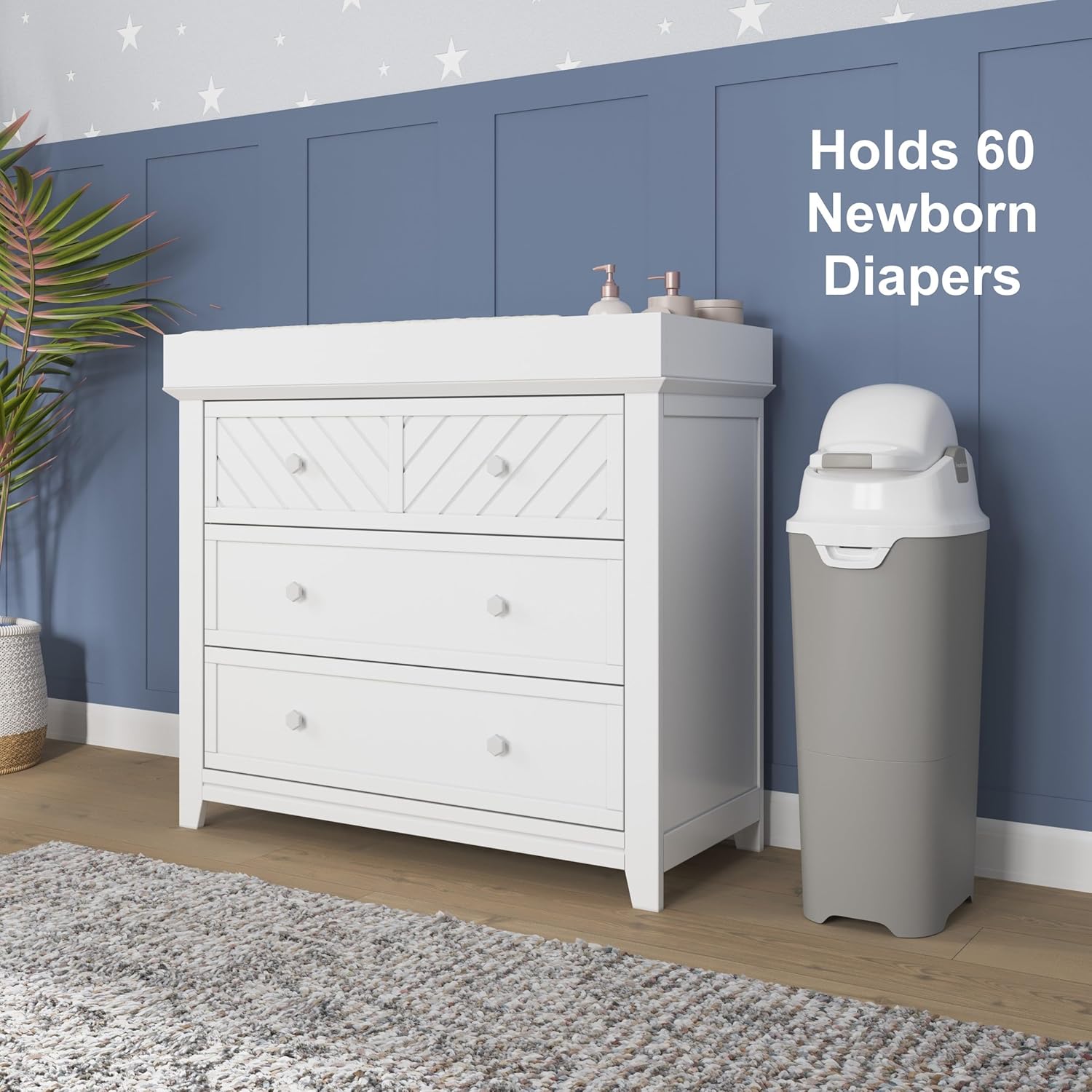 Foundations Tall Diaper Pail with Airtight Lid - Durable & Odorless Diaper Disposal, Large Capacity, Holds up to 60 Newborn Diapers, Refill with Any Bags - Gray