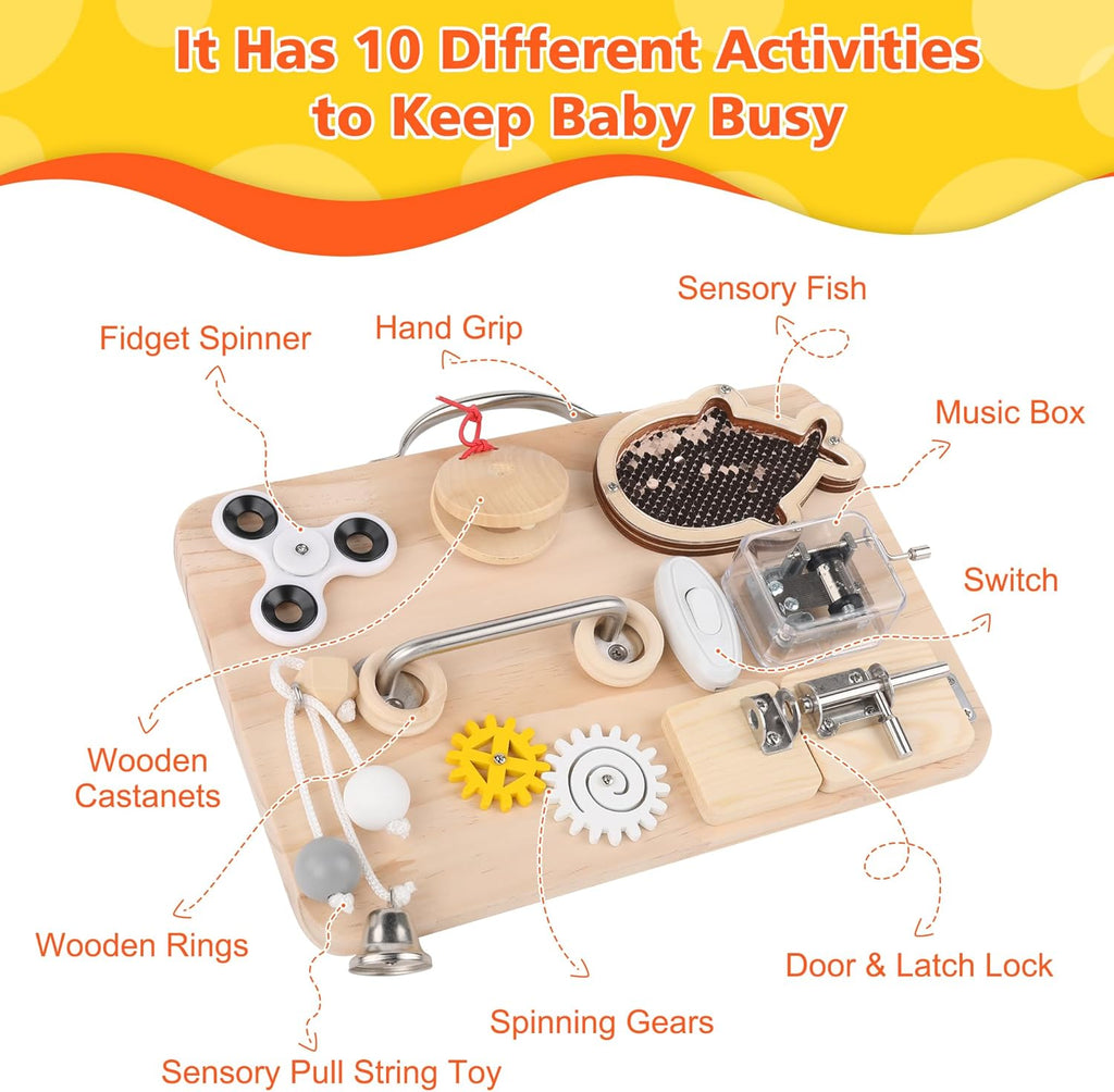 Wooden Busy Board for Toddlers, Montessori Sensory Toys for 1 2 3 4 Year Old, Autism Sensory Toys for Kids Boys Girls, Fine Motor Skills Travel Toys