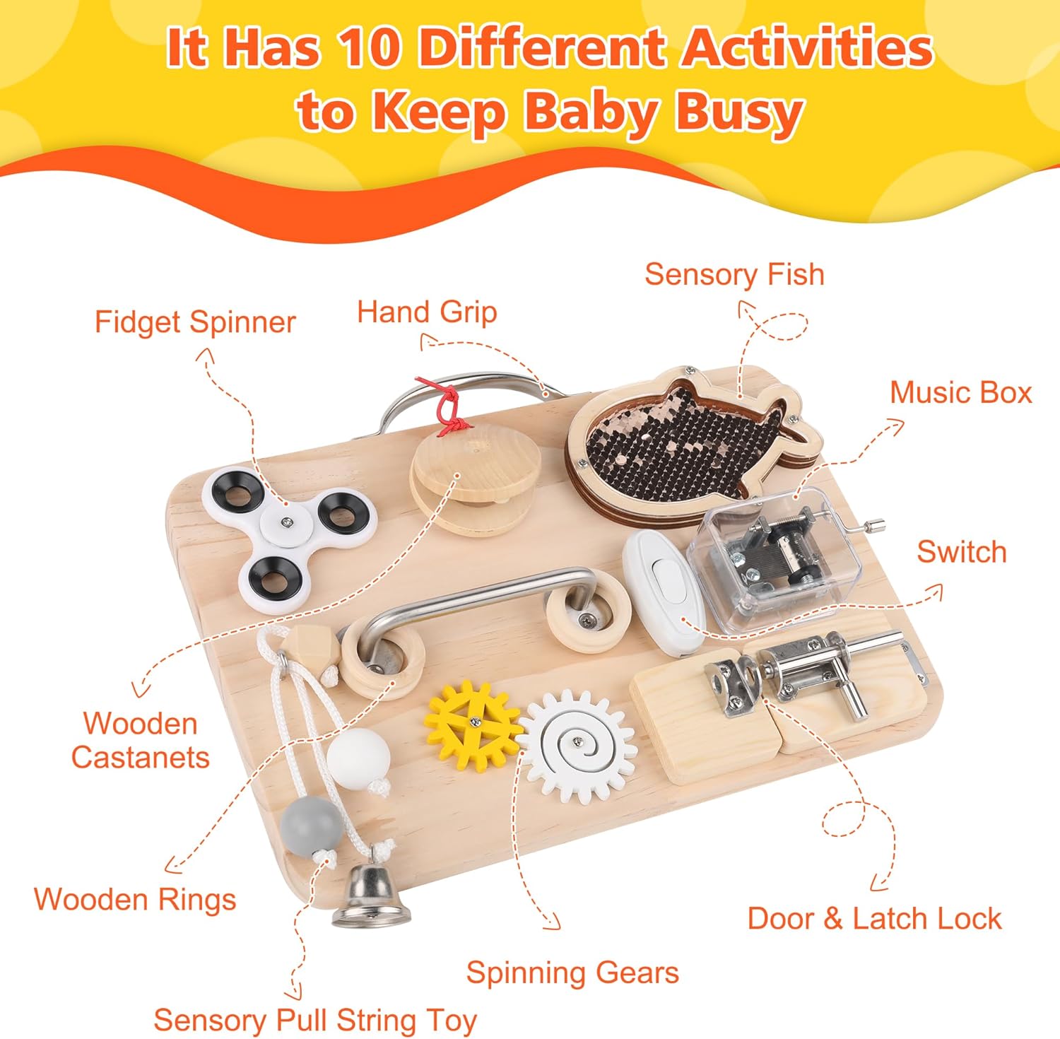 Wooden Busy Board for Toddlers, Montessori Sensory Toys for 1 2 3 4 Year Old, Autism Sensory Toys for Kids Boys Girls, Fine Motor Skills Travel Toys