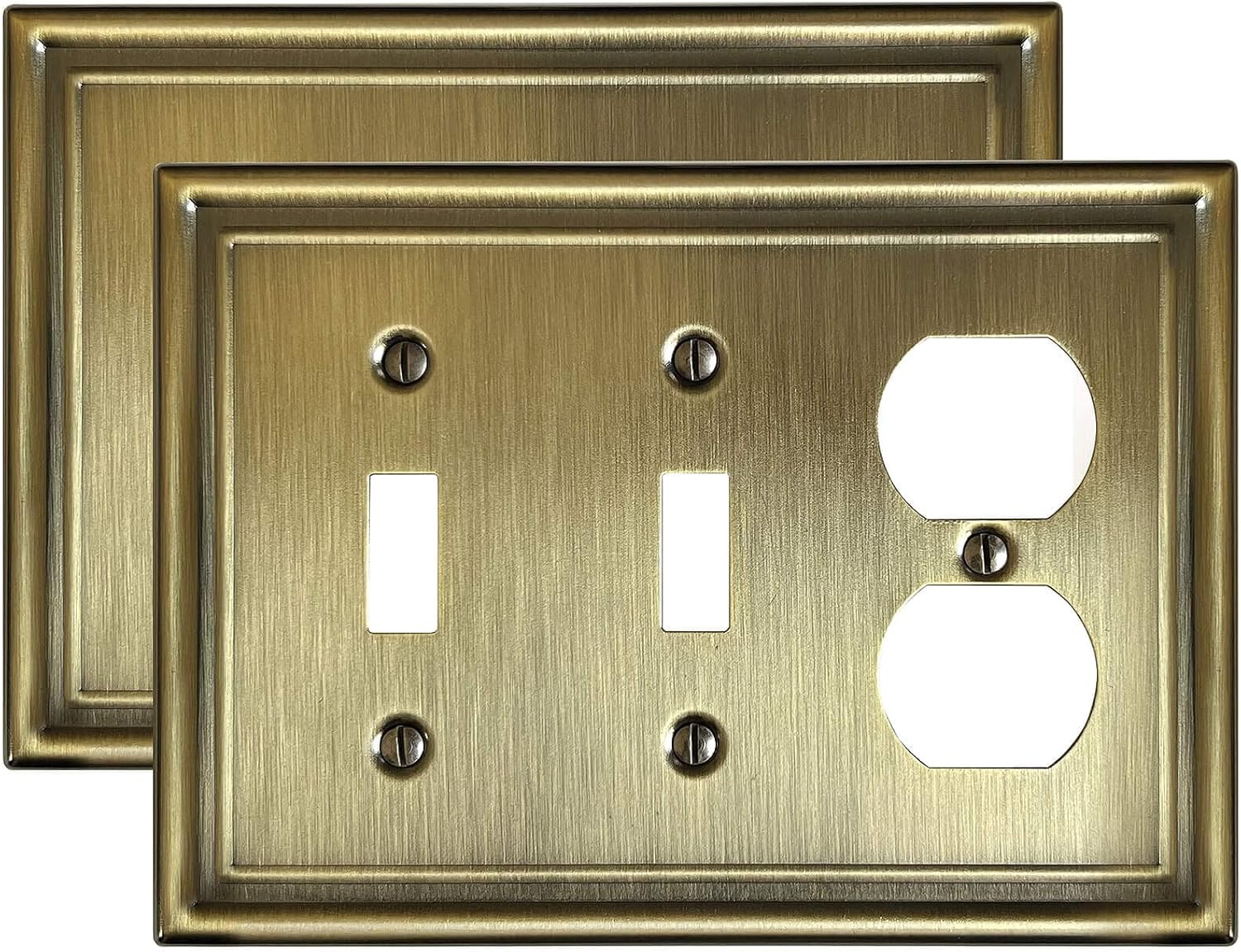 Combination 2 Toggle and 1 Duplex Metal Wall Plate, 3-Gang Switch Plates and Outlet Covers, Decorative Antique Brass Finish, Corrosion Resistant, 2-Pack, Midsize