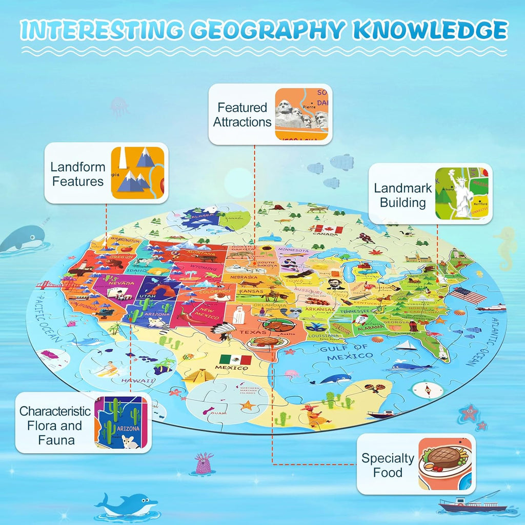 United States Puzzle 70 Pieces USA Map Floor Jigsaw Puzzles for Kids Ages 4-10, Jumbo Round US Geography Puzzle 50 States with Capitals Educational Learning Toys for Boy or Girl
