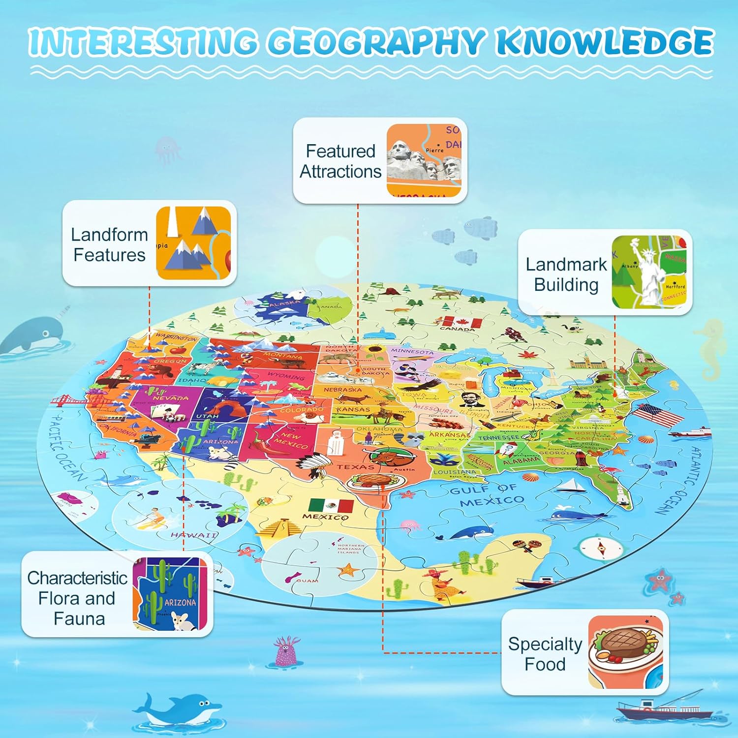 United States Puzzle 70 Pieces USA Map Floor Jigsaw Puzzles for Kids Ages 4-10, Jumbo Round US Geography Puzzle 50 States with Capitals Educational Learning Toys for Boy or Girl