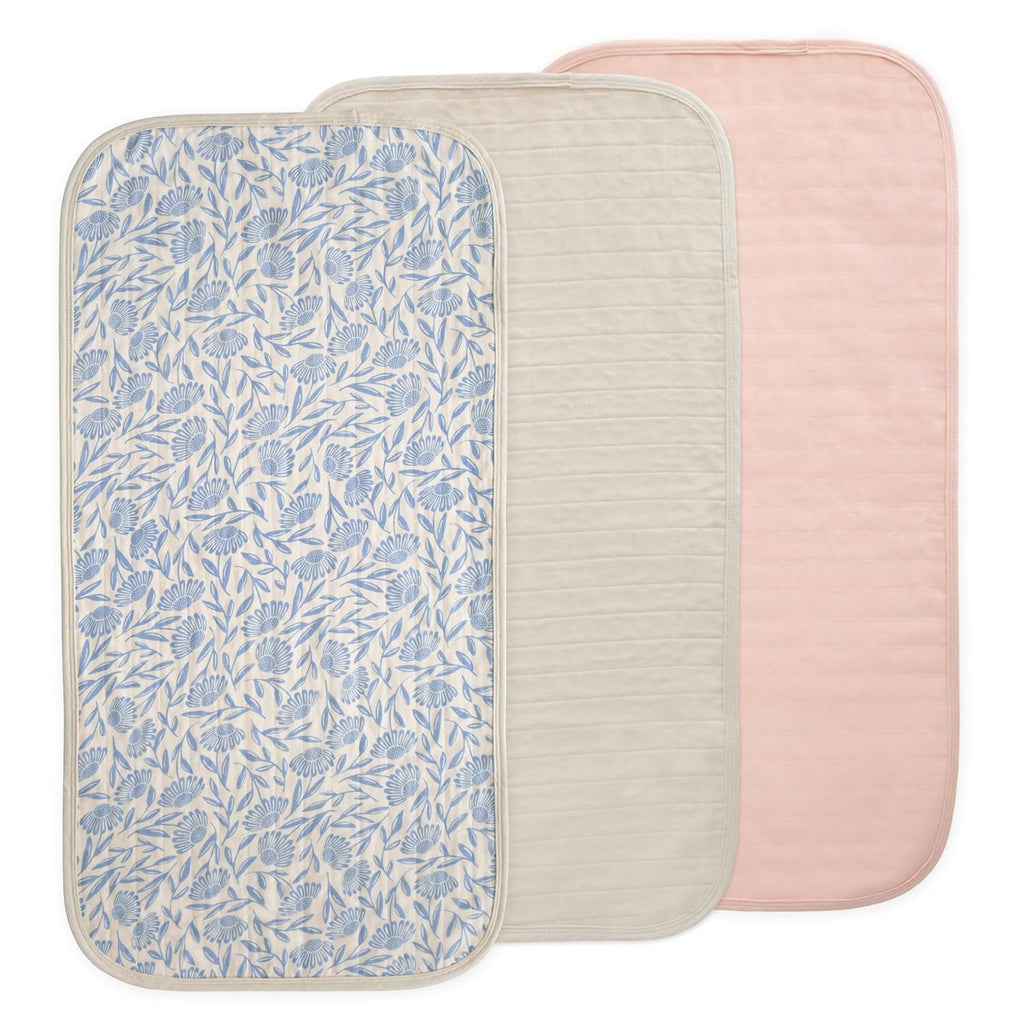 mushie Waterproof Changing Pad Liners | 100% Organic Cotton | Set of 3 (Blue Flowers Combo)