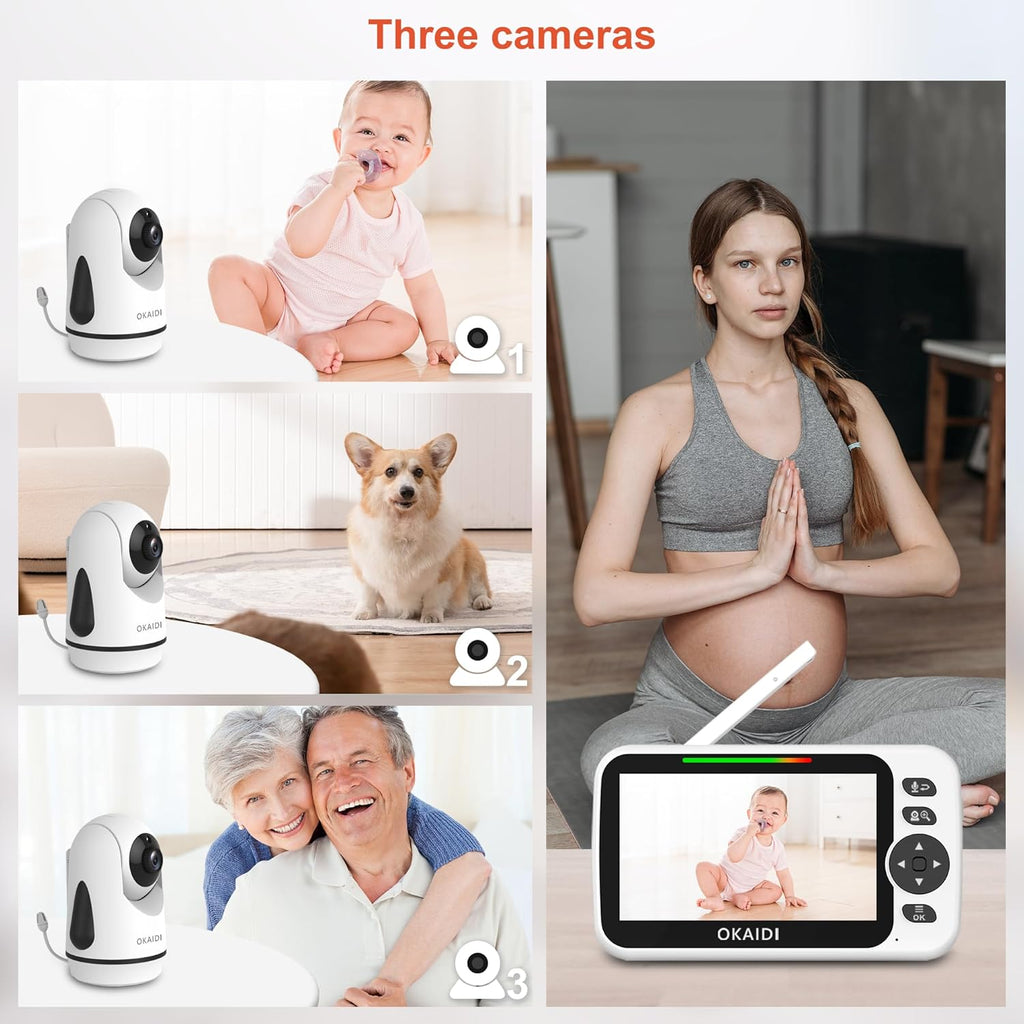 Video Baby Monitor with 3 Cameras, 5" Display Baby Monitor No WiFi, 30H Battery and 1000ft Range, 2-Way Talk, 8 Lullabies, Remote Pan-Tilt-Zoom Baby Camera for Baby/Pet/Elderly