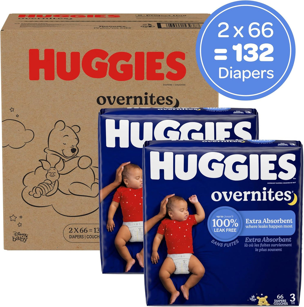 Huggies Size 3 Overnites Baby Diapers: Overnight Diapers, Size 3 (16-28 lbs), 132 Ct (2 Packs of 66), Packaging May Vary