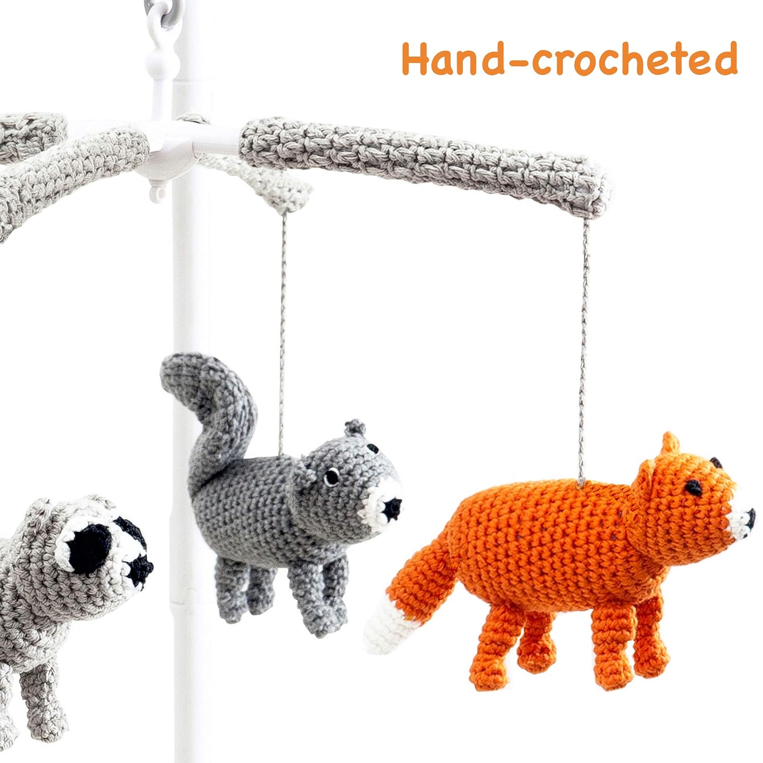 Joliecraft Jungle Animals Musical Baby Mobile for Crib, Handmade Nursery Crib Mobile in Gray, tan, Orange