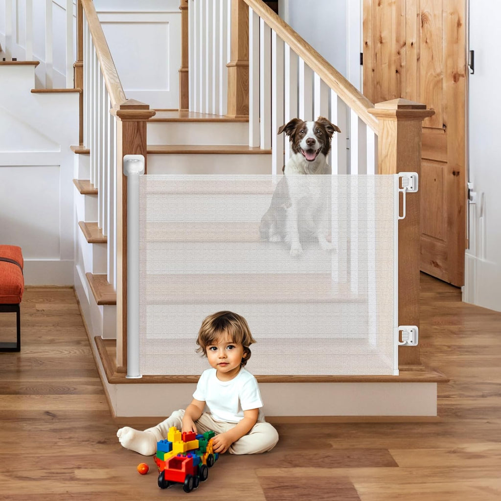HOMEAL Retractable Baby Gates for Stairs & Doorways, Outdoor Indoor Mesh Dog Gate for Kids or Pet, Extra Wide Baby Gates for Deck, Porch, Hallways, Patio (White, Width Up to 55")