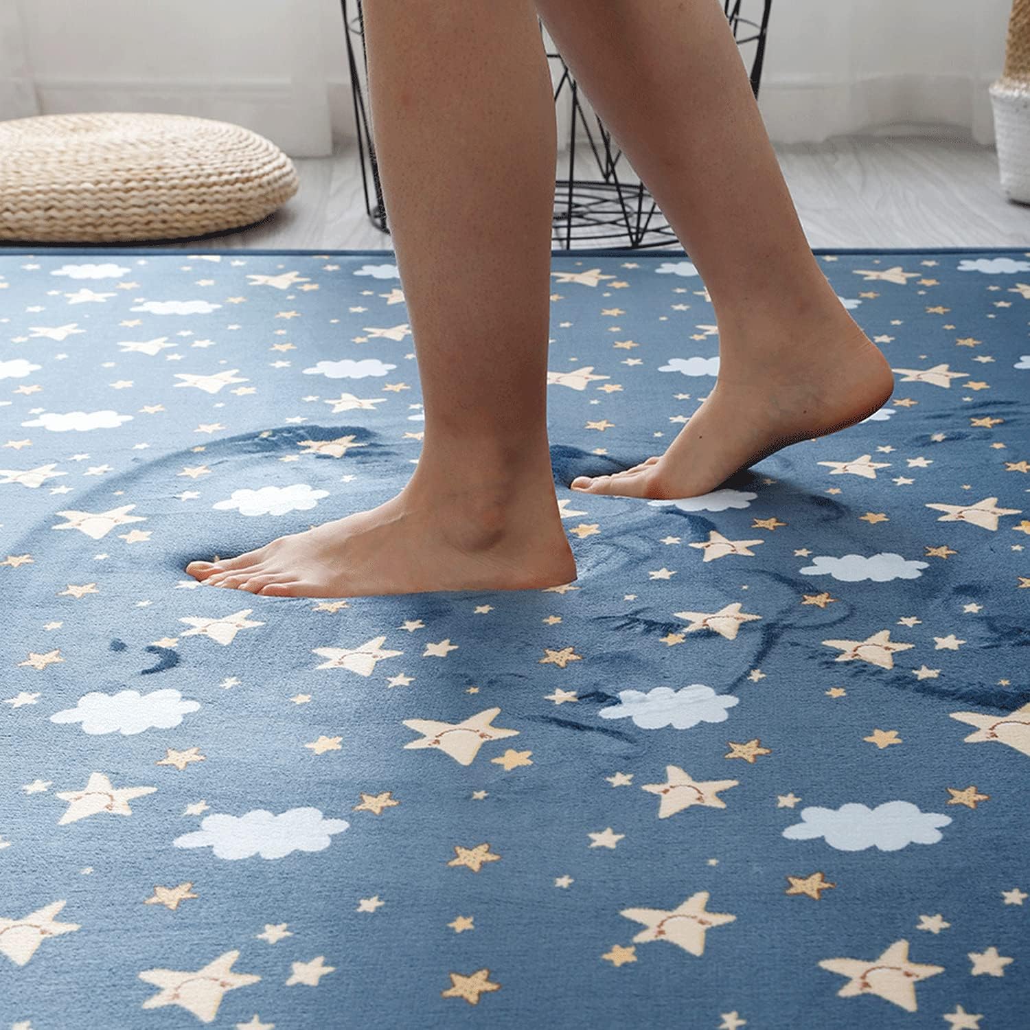 Loartee Coral Velvet Area Rug - 1" Thick Memory Foam Baby Play Mat, Washable Toddler Carpet, Home Decor for Living Room, Nursery, Kids Bedroom, Starry Blue, 4'11"x4'11"