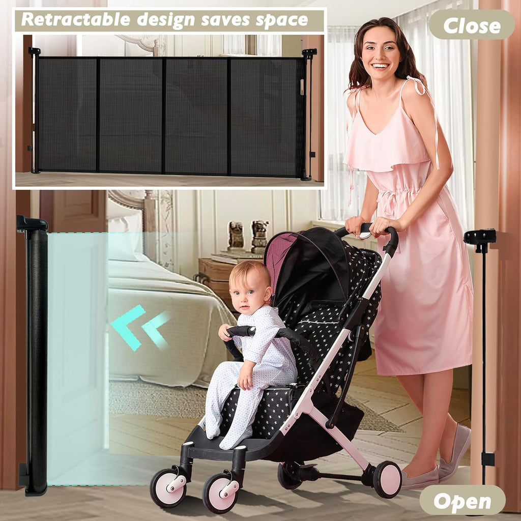 150" Extra Wide Retractable Baby Gates Dog Gate for Large Opening, 41" Extra Tall Mesh Pet Gate, Long Child Safety Gates with Fiberglass Rods for Stairways, Doorways, Hallways - Indoor/Outdoor Use