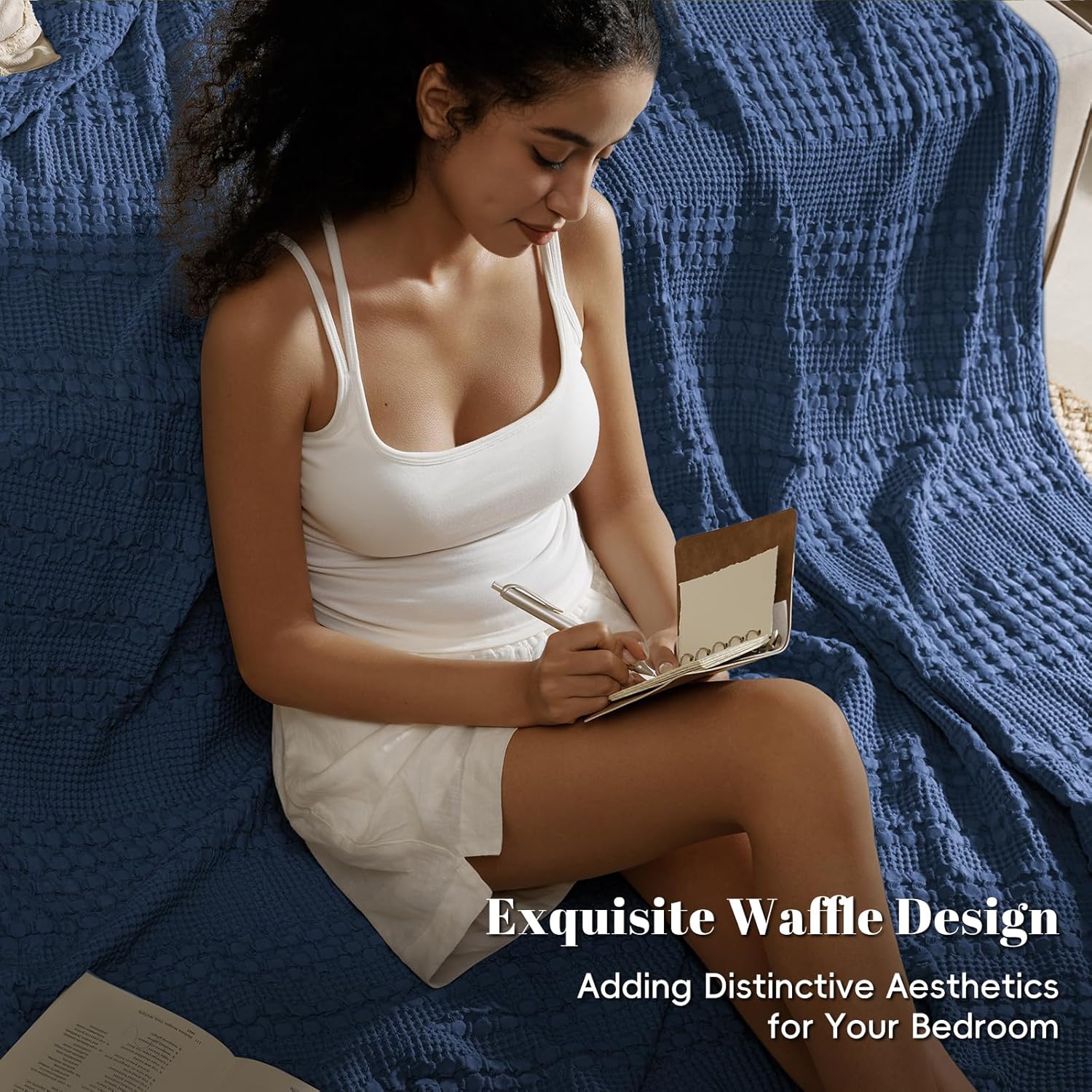 PHF 100% Cotton Waffle Weave Blanket Twin Size, Soft Lightweight Breathable Cozy Summer Blankets for Bed, Luxury Aesthetic Woven Bedding for Home Decor, 66"x90", Bright Navy Blue