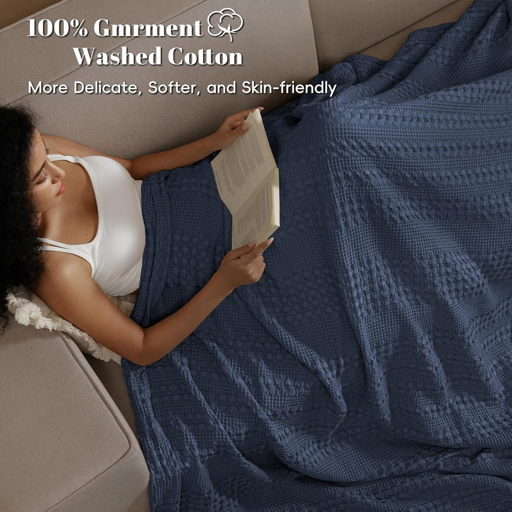 PHF 100% Cotton Waffle Weave Blanket King Size, Soft Lightweight Breathable Cozy Summer Blankets for Bed, Luxury Aesthetic Woven Bedding for Home Decor, 108"x90", Dark Navy