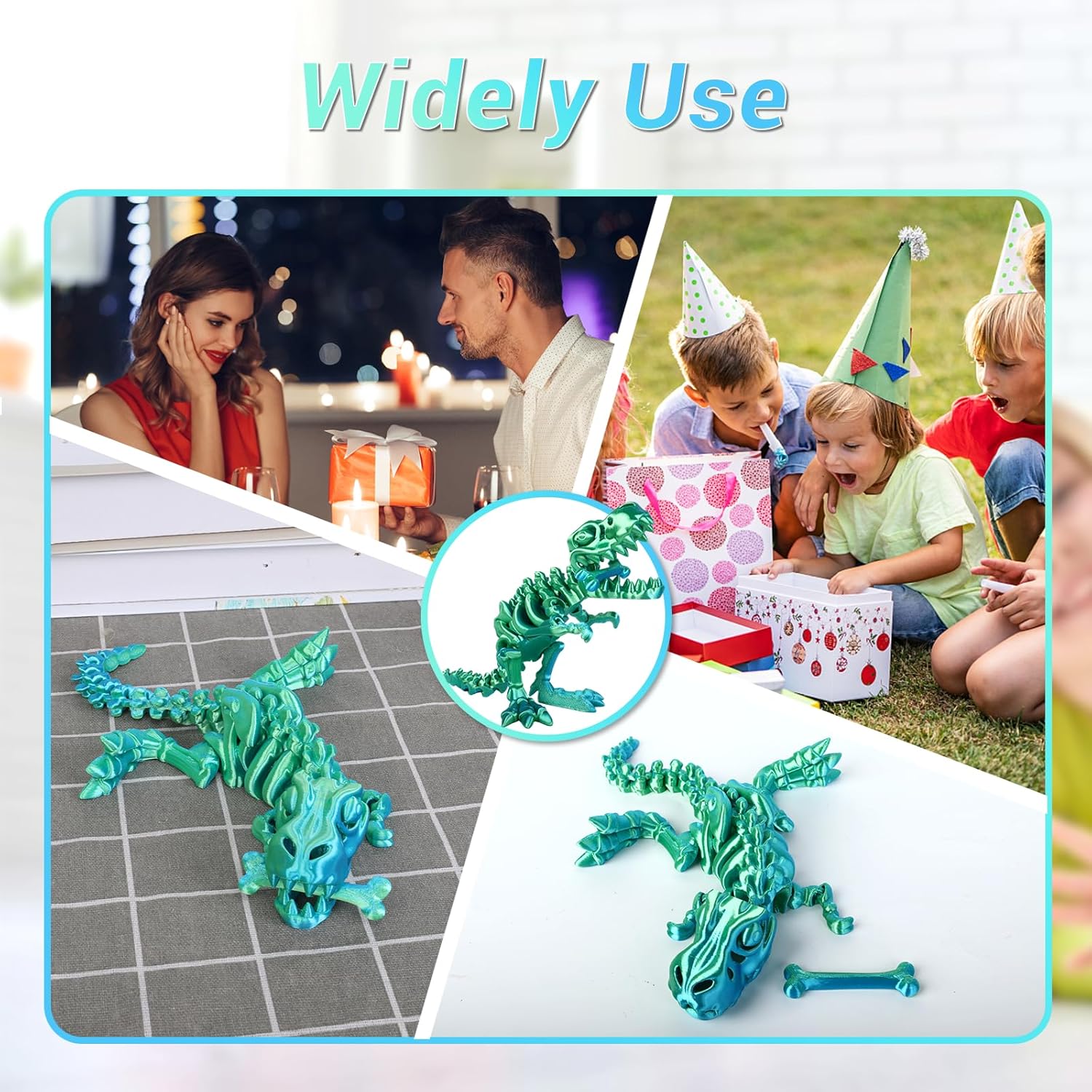 3D Printed Dinosaur Bone Skeleton Tyrannosaurus Rex with Movable Jaw Fidget Dinosaur Toys Full Articulated Dinosaur Executive Desk Toys Home Office Decor, Cyan