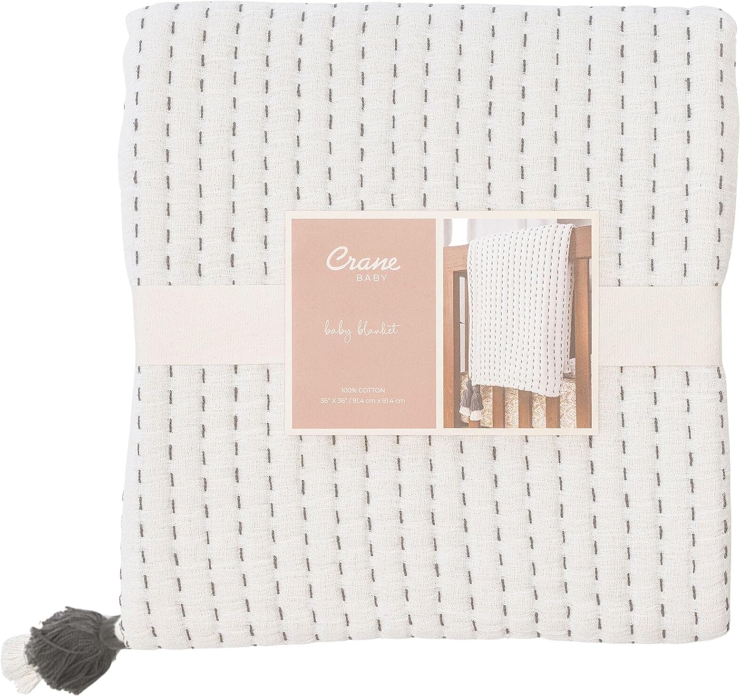 Crane Baby White and Black Stitched Stripe Blanket, Soft Cotton Nursery and Stroller Blanket, 100% Cotton, 36" x 36"