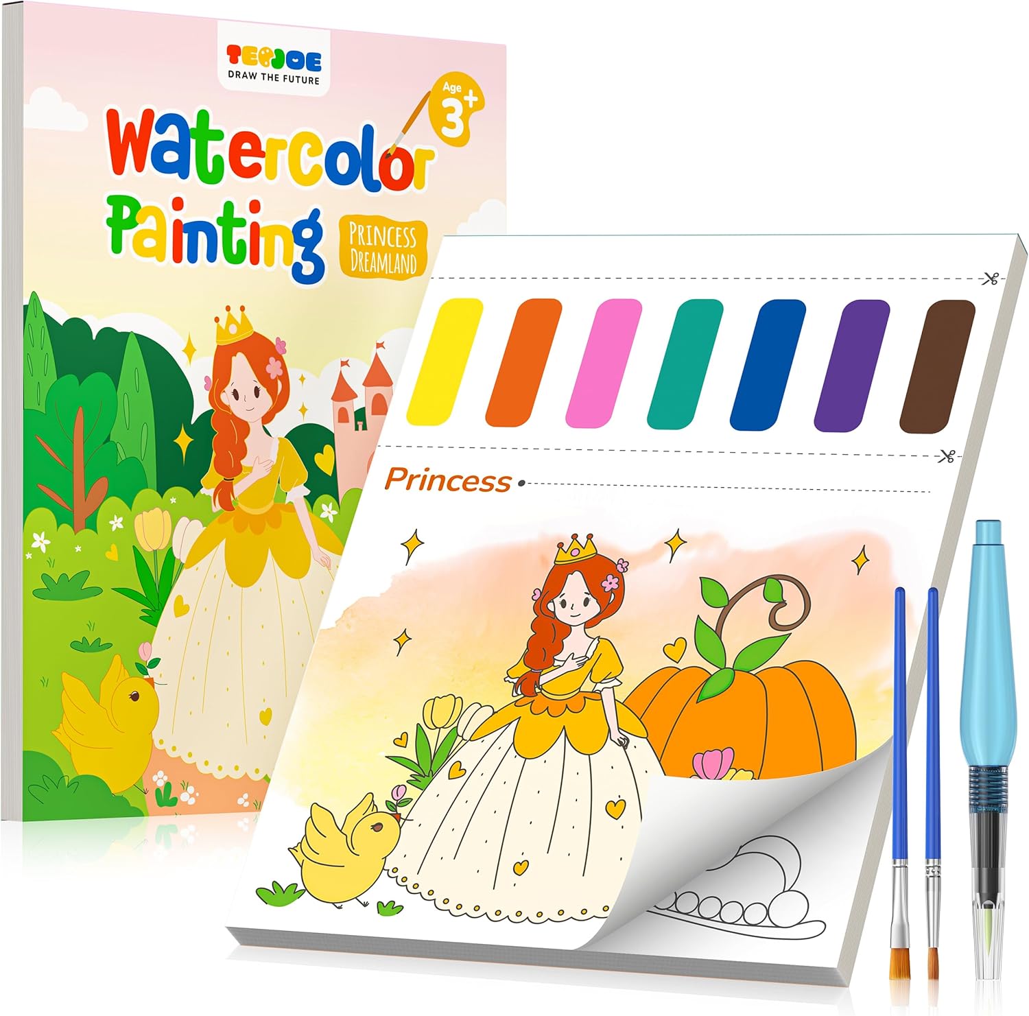 TECJOE Paint with Water Coloring Books for Toddlers, Princess Series Watercolor Set with 3 Brushes, Mess Free Painting Activity for Kids Ages 4 5 6 7 8, Arts & Crafts Toy