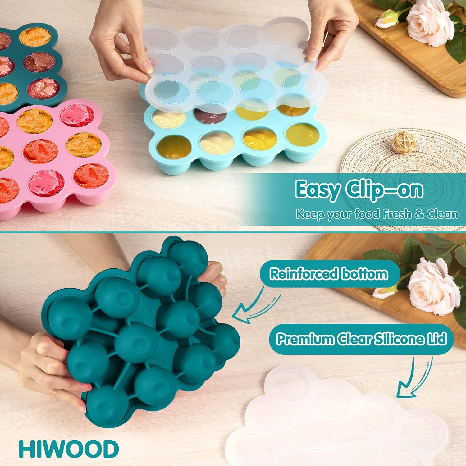 Baby Food Freezer Tray with Clip on Lid, 12 x 1.5 Ounce Baby Food Storage Container, Silicone Freezer Molds for Homemade Baby Food, Fruit Purees & Vegetables (Teal Blue)