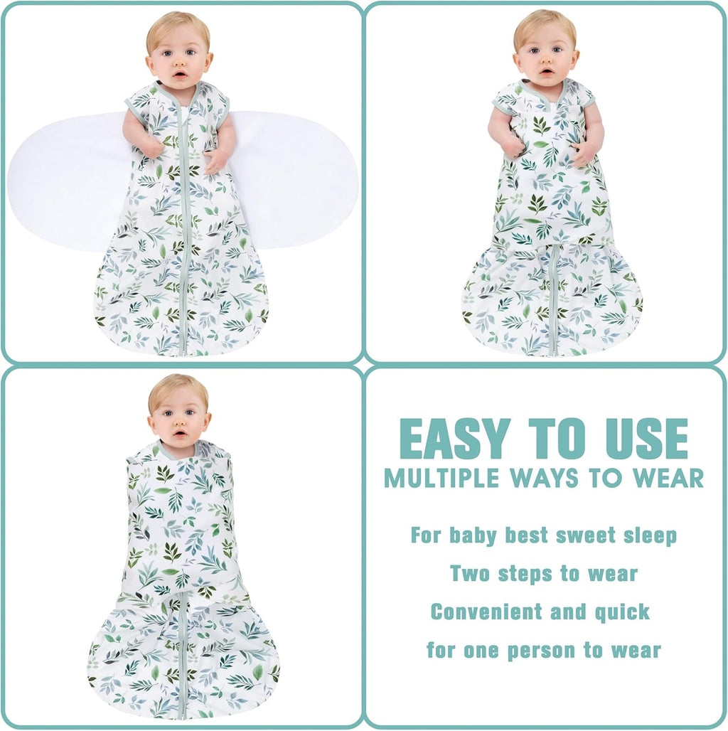 Newborn Sleep Sack Baby Swaddle,Swaddle me 0-3 Month,3-Way Adjustable Wearable Blanket,100% Rayon Cotton Swaddling Sleeping Bag，TOG 0.5 (Leaf, 0-3 Months)