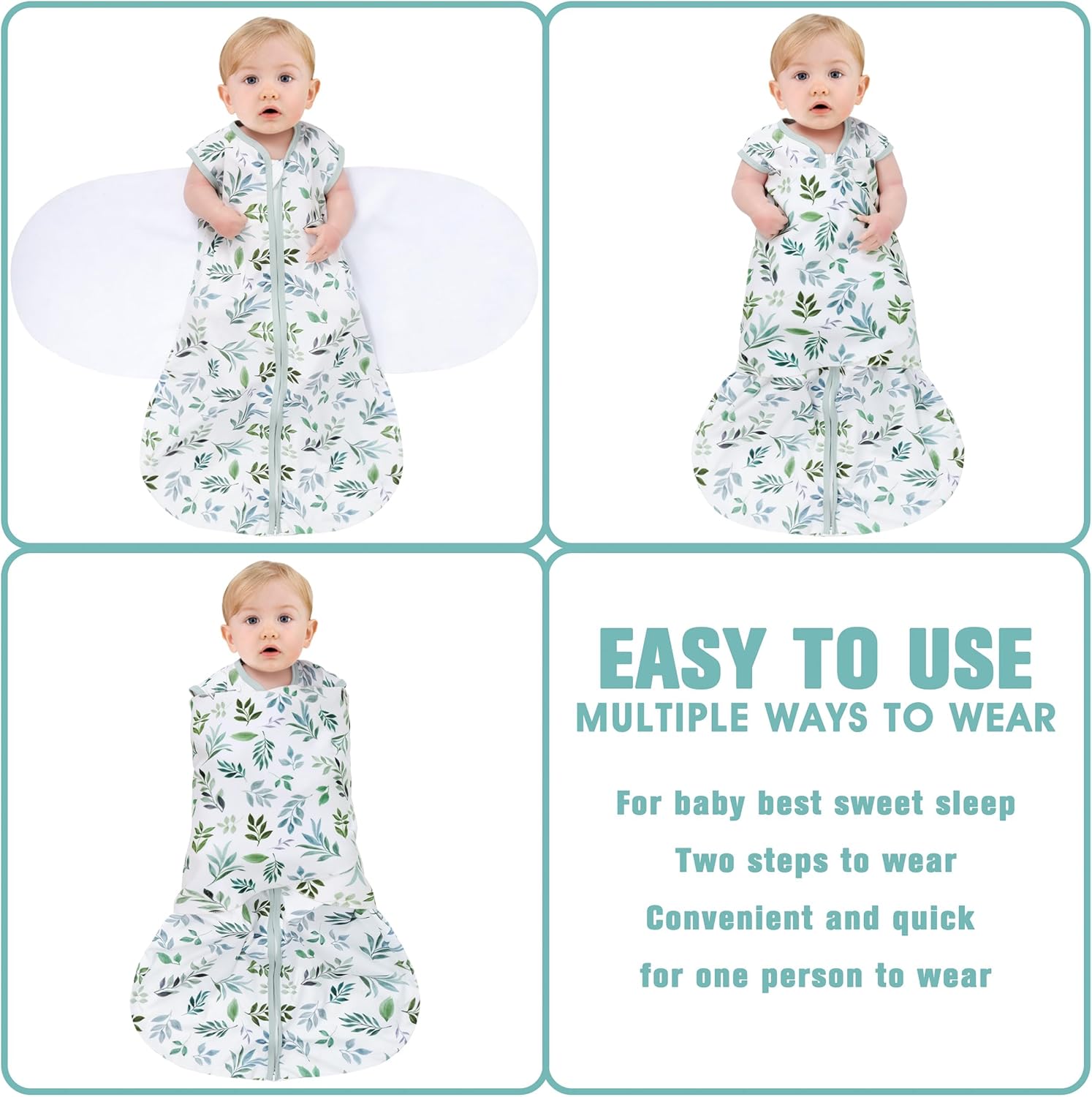 Newborn Sleep Sack Baby Swaddle,Swaddle me 0-3 Month,3-Way Adjustable Wearable Blanket,100% Rayon Cotton Swaddling Sleeping Bag，TOG 0.5 (Leaf, 0-3 Months)