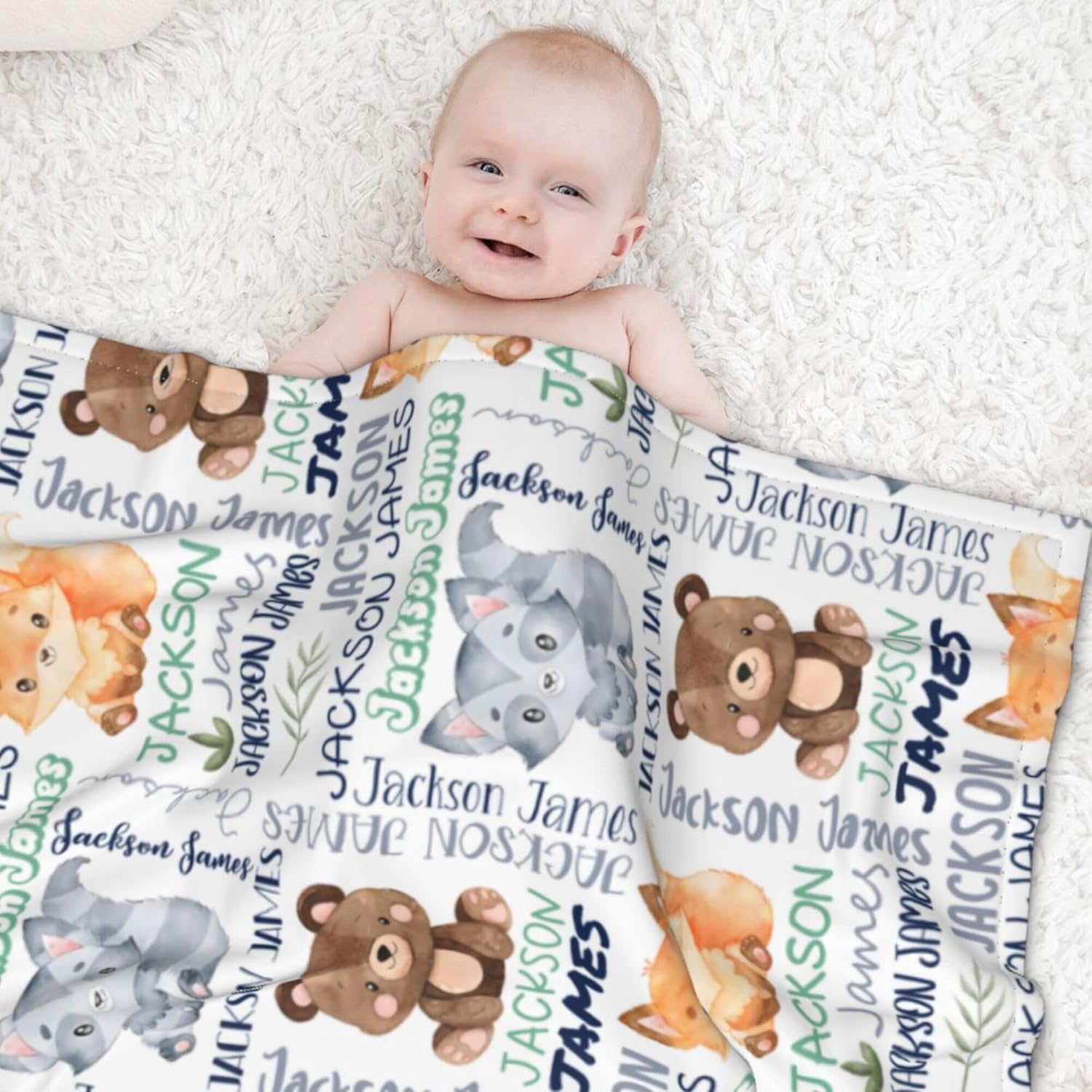 Personalized Woodland Animals Blanket - Custom with Name, Swaddle for Toddlers & Newborns