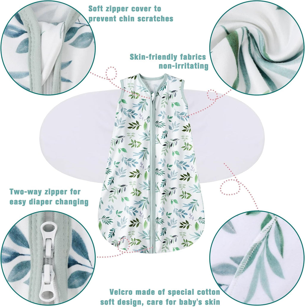 Newborn Sleep Sack Baby Swaddle,Swaddle me 0-3 Month,3-Way Adjustable Wearable Blanket,100% Rayon Cotton Swaddling Sleeping Bag，TOG 0.5 (Leaf, 0-3 Months)