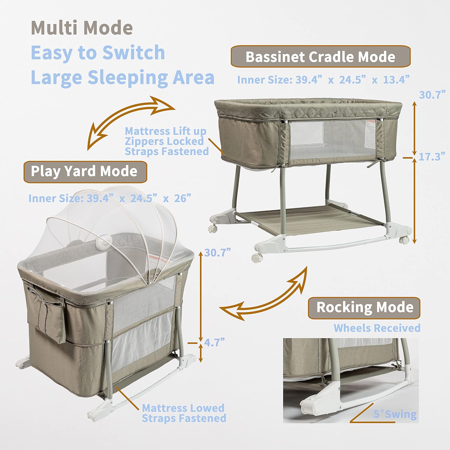 Newborn Portable Bassinet on Wheels for Baby 3 in 1 Bedside Sleeper Rocking Crib Playard with Breathable Mesh Cover Detachable Mosquito Net and Music Box Multi Mode(Light Grey)