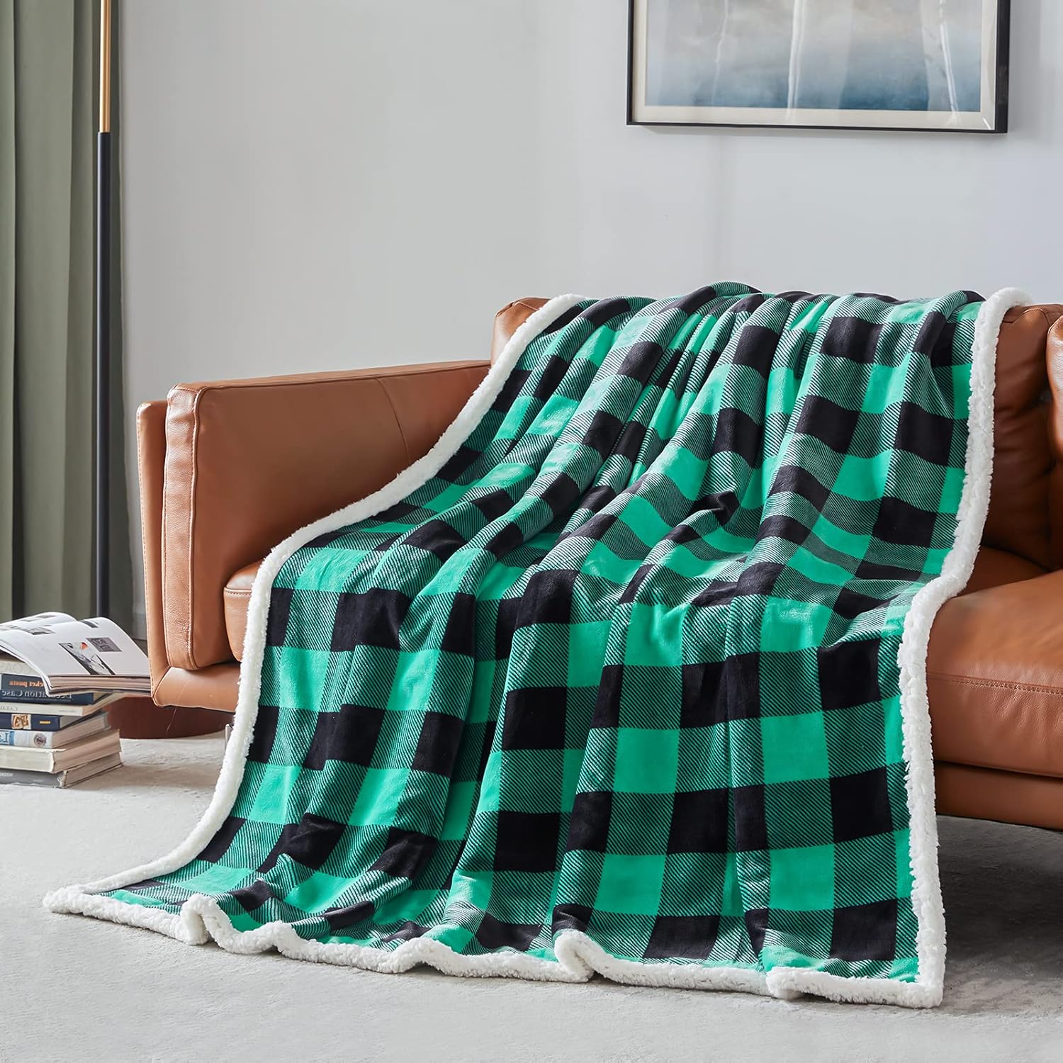 Touchat Sherpa Green and Black Buffalo Plaid Christmas Twin Blanket 60" X 70", Fuzzy Fluffy Soft Cozy Blanket, Fleece Flannel Plush Microfiber Blanket for Couch Bed Sofa (Green and Black)