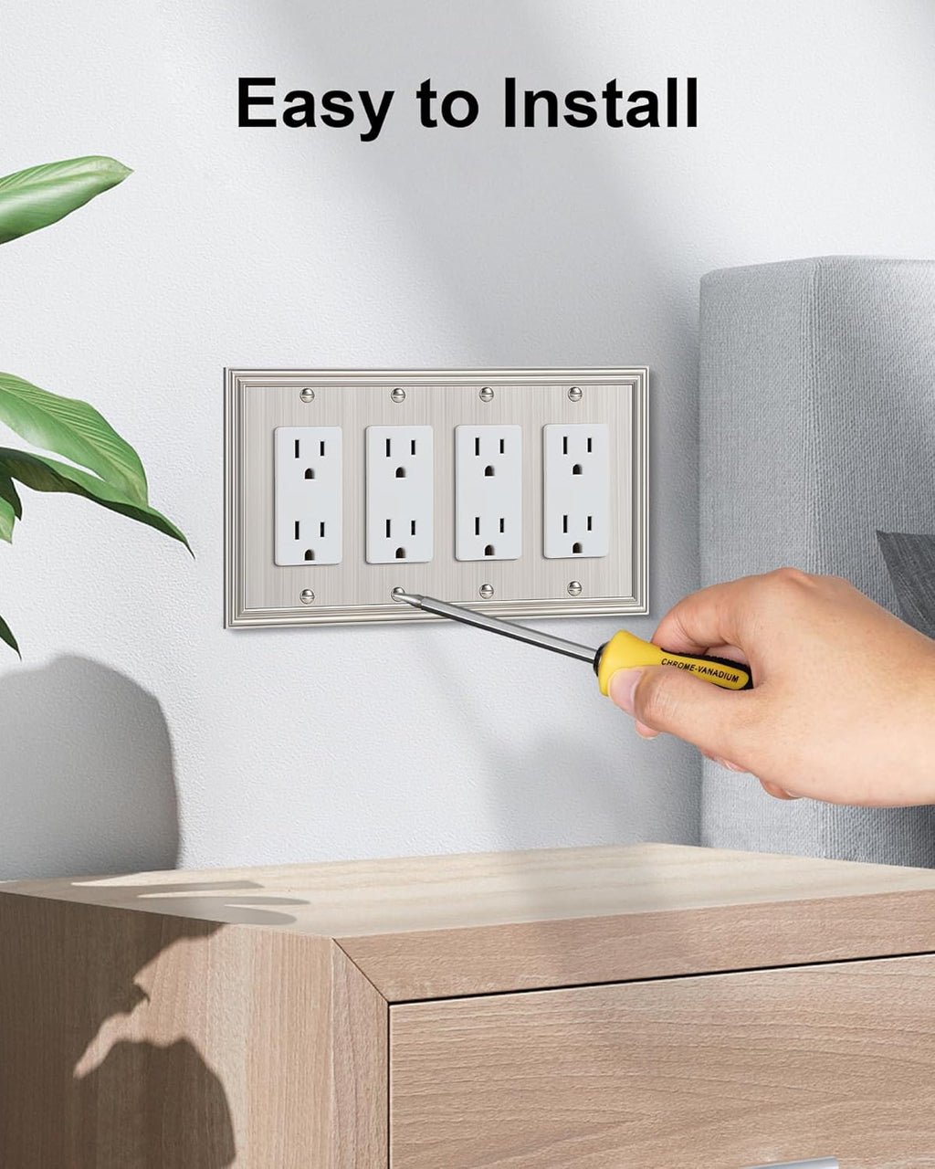 2-Pack Quad Decorator Outlet Cover Plate, Zinc Alloy Brushed Nickel Switch Plates and Outlet Covers, 4 Gang Wall Plates for Electrical Outlets, Receptacle, GFCI Outlet, Dimmer Switch