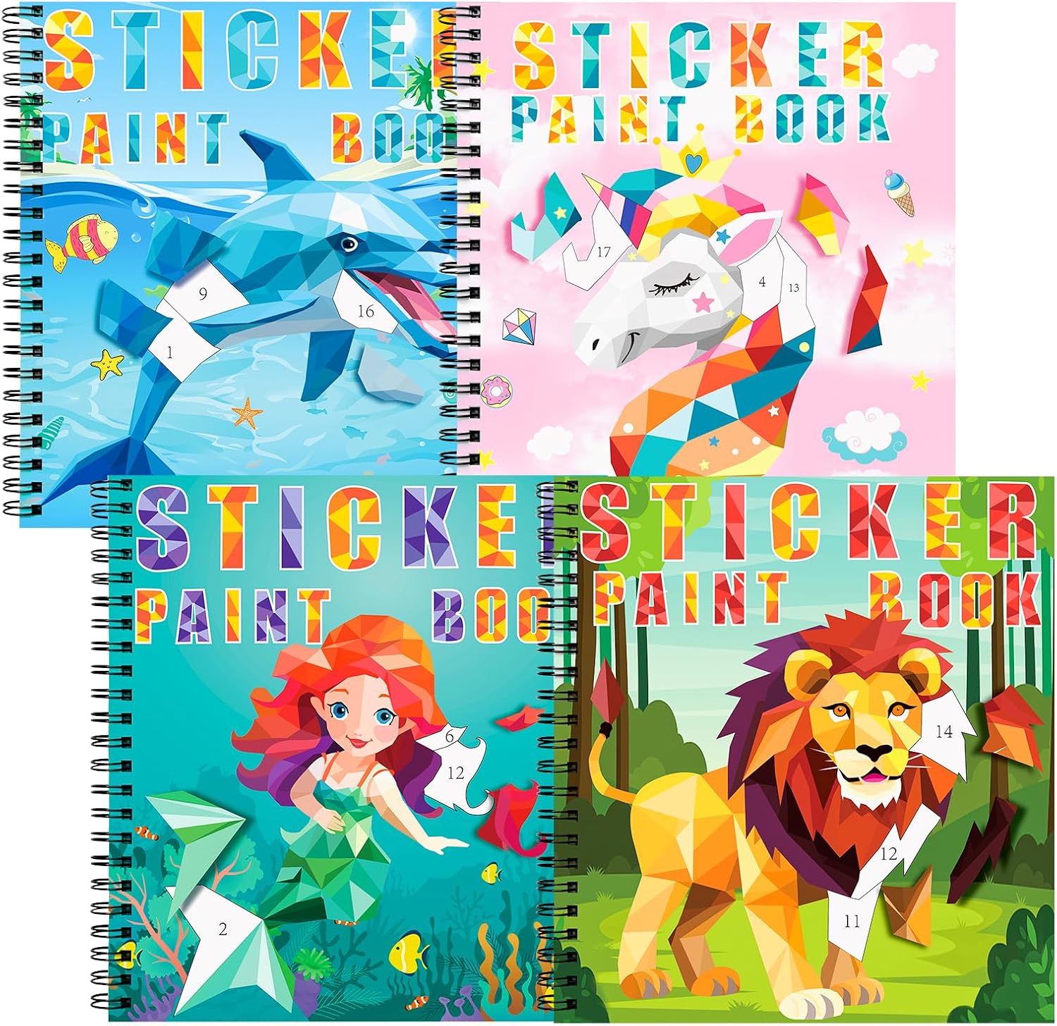 homicozy 4PCS Sticker Paint Books for Kids Ages 4-10,Unicorn Mermaid Animals Designs Paint by Stickers,Sticker by Numbers,Party Birthday Gifts for Girls 4-10,Create 40 Pictures One Stickers at A Time