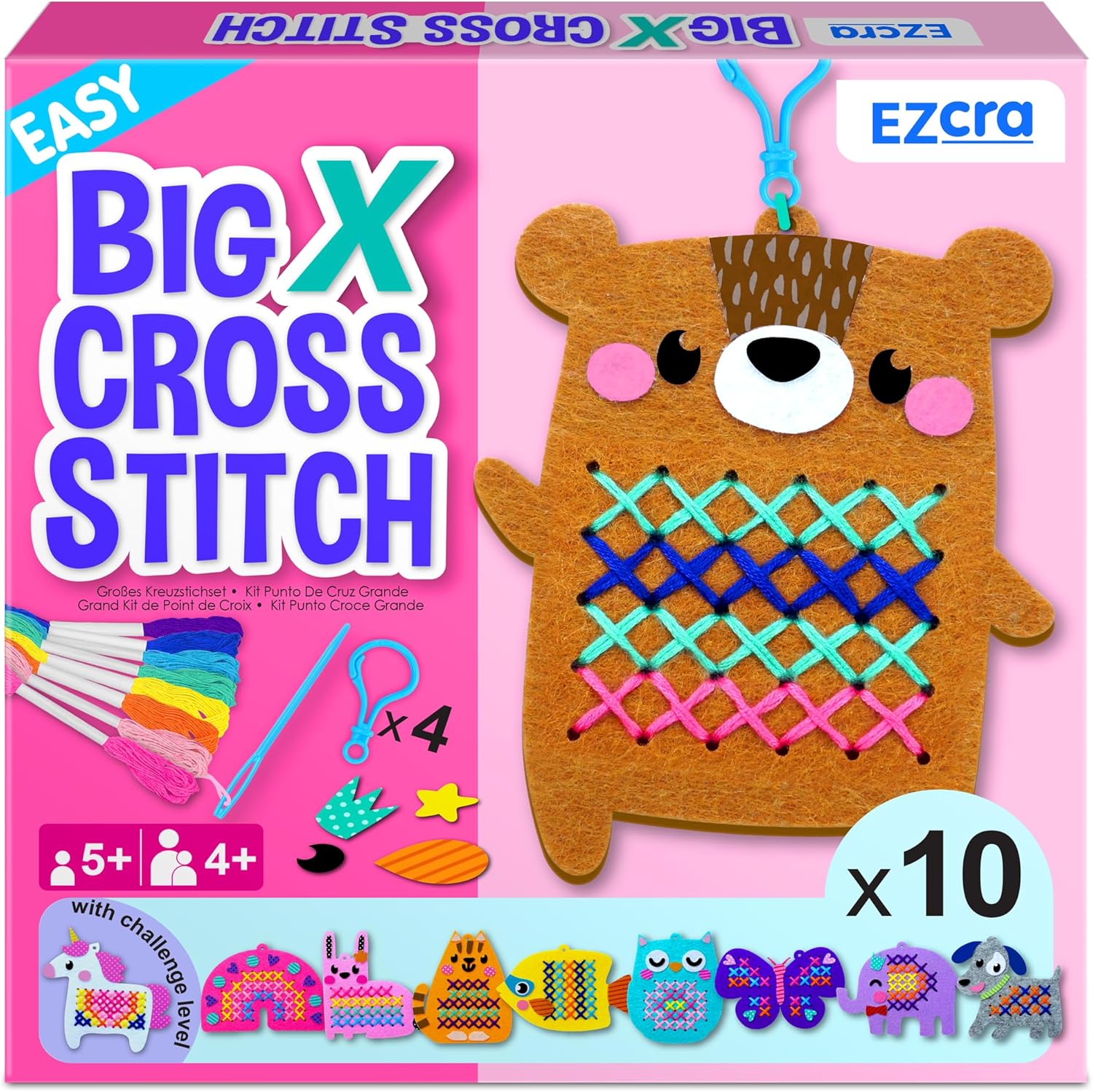 EZCRA Beginner Needlepoint Cross Stitch Kit for Kids Ages 5-8 – Easy Embroidery Starter Set with Jumbo Plastic Needles, Pre-Printed Patterns, Instructions – DIY Arts & Crafts Gift for Girls & Boys