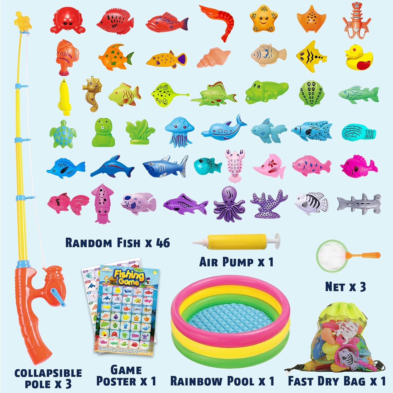 CozyBomB™ Magnetic Fishing Toys Game Set for Kids | Water Table Bathtub Kiddie Pool Party & Pole Rod Net, Plastic Floating Fish Toddler Color Ocean Sea Animals Birthday Age 3 4 5 6 Year