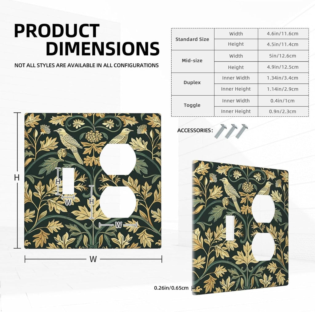 Wallplates William Morris Vintage Botanical Birds Golden Green Leaves 1 Toggle 1 Duplex Switch Plate Electrical GFCI Faceplate Decorative Light Switch Covers for Bedroom Home Decor