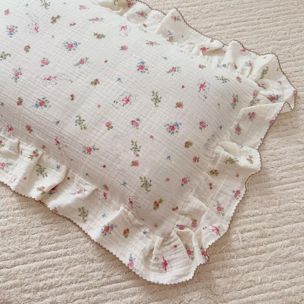 BuLuTu 100% Cotton Standard Pillow Case for Kids, 1 pc, 20"x26", Pink Floral Sheep Design Pillow Cover Muslin Gauze Pillow Protector for Children Girls Boys Bedding Gift, Envelope Closure