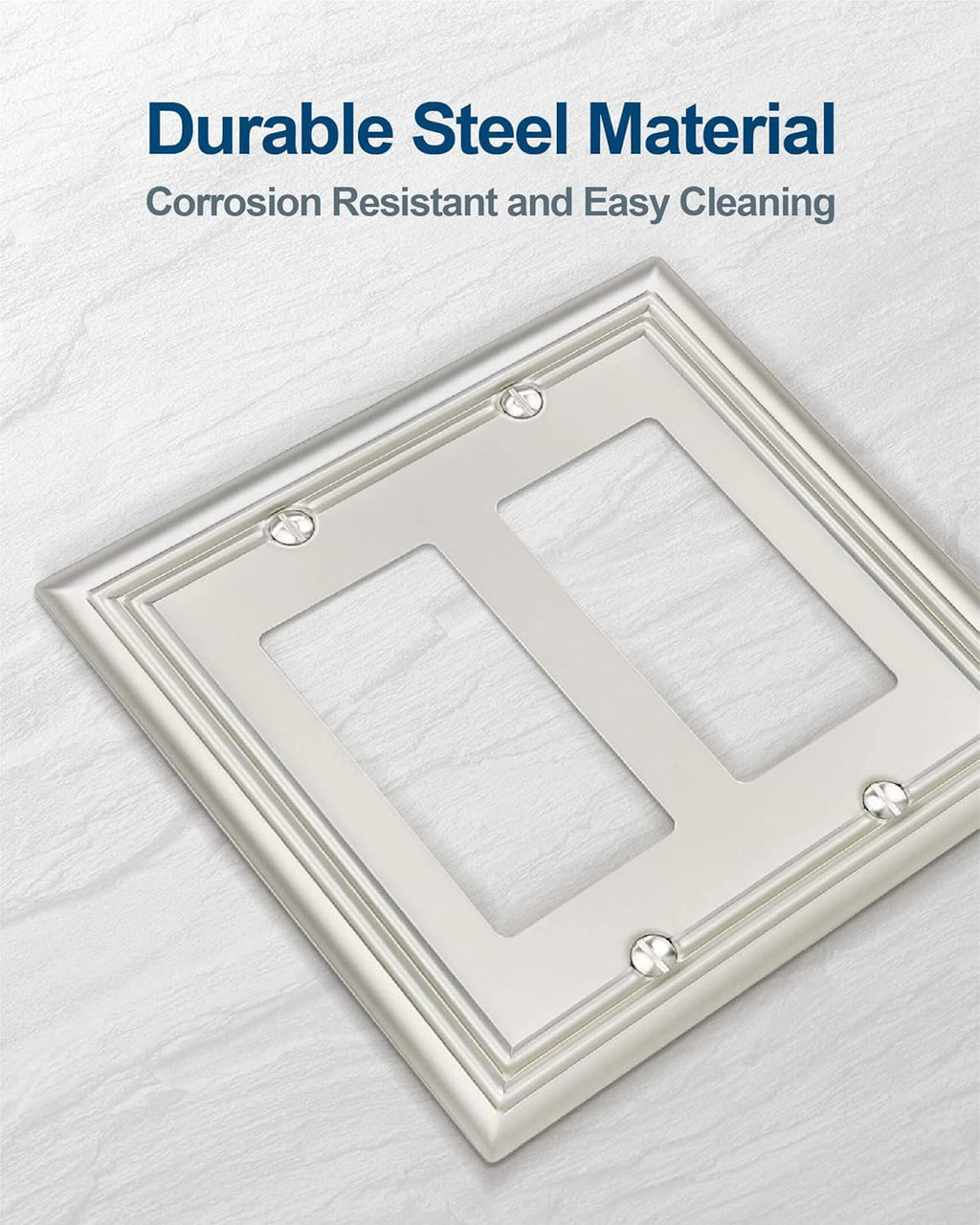 2-Pack Double Decorator Outlet Covers, Satin Nickel Wall Plates for Dimmer Switch, GFCI Outlet and Receptacal, Durable Metal, Midsize