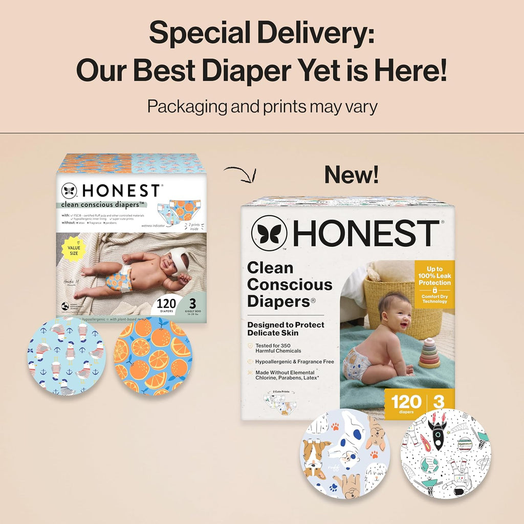 The Honest Company Clean Conscious Diapers for Delicate Skin | Up to 100% Leakproof | Hypoallergenic, Fragrance Free | Gender Neutral | Super Club Box, Size 3 (16-28 lbs), 120 Count (Prints May Vary)