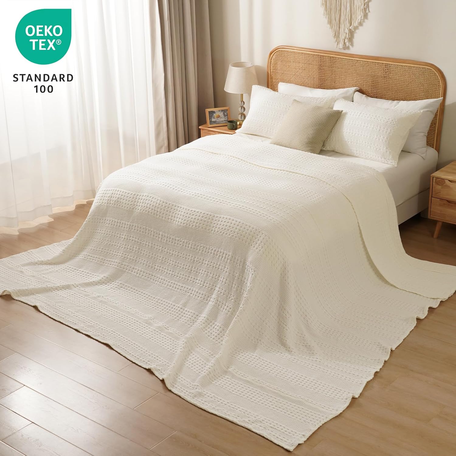 PHF 100% Cotton Waffle Blanket Oversized King 120"x120", Lightweight Breathable Extra Large 10'x10' Summer Blankets for Bed, Giant Big Luxury Aesthetic Woven Bedding for Home Decor, Ivory