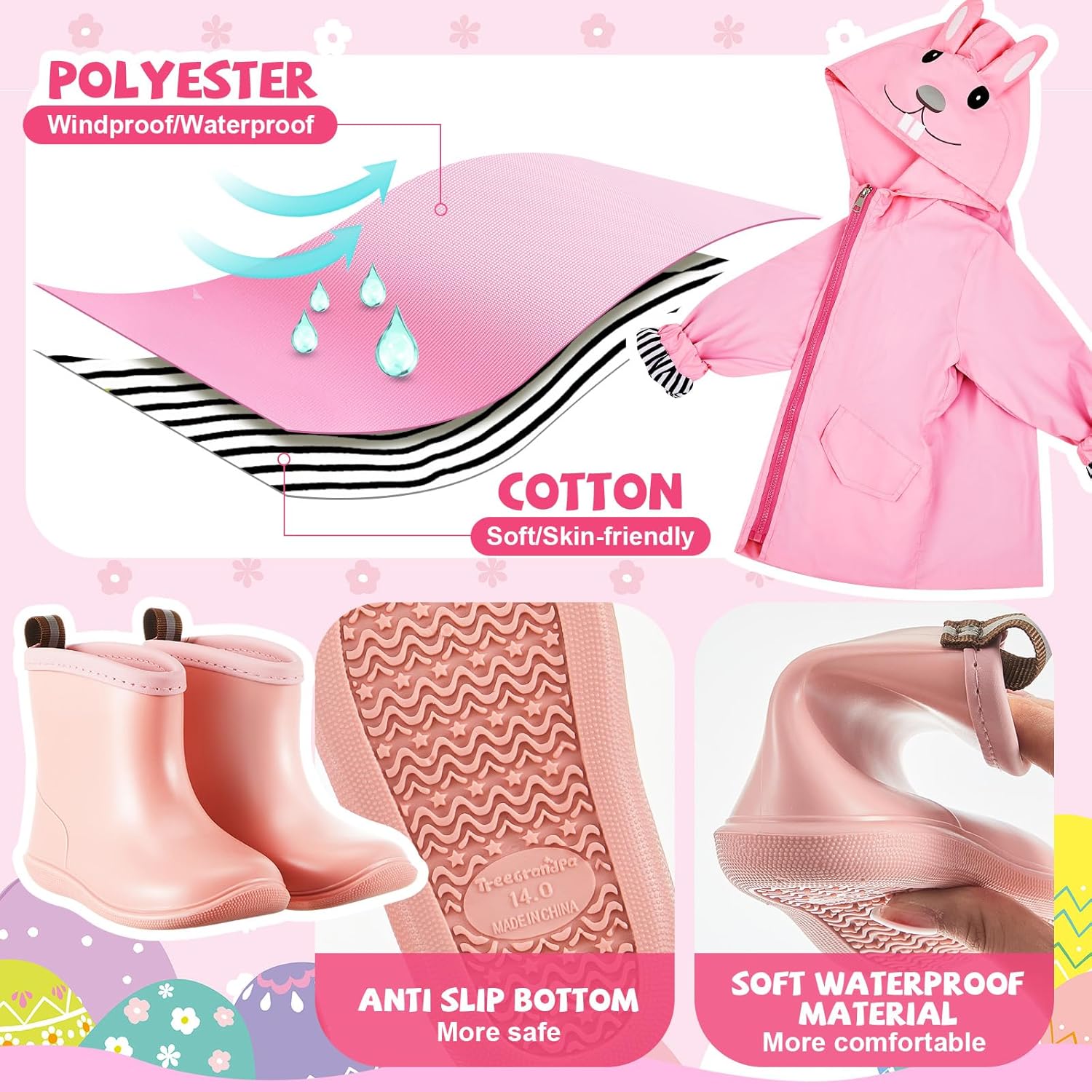 2 Pcs Toddler Raincoat Rain Boots Set Kids Baby Cartoon Hoodie Zipper Jacket Short Rain Shoes for Little Boys Girls