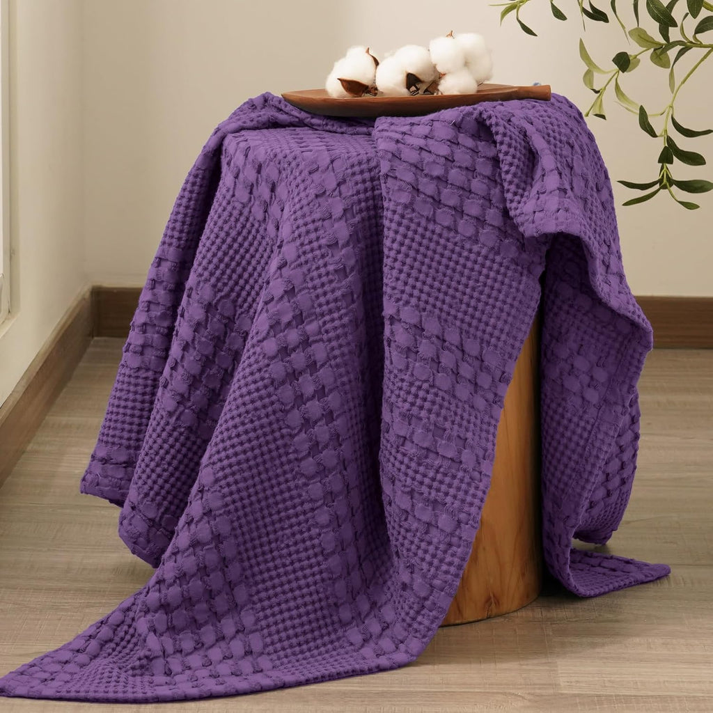 PHF 100% Cotton Waffle Weave Throw Blanket, Soft Lightweight Breathable Cozy Summer Throws for Couch Bed Sofa, Luxury Aesthetic Woven Blanket for Home Decor & Office, 50"x60", Grape