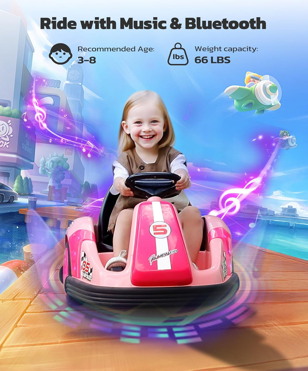 ELEMARA Toddler Bumper Car with Big Wheels, 2.2 Mph, Ride On Toys for Toddlers with DIY Stickers, 12v Electric Bumper Cars for Kids with Bluetooth,LED Light,Music for Indoor Outdoor,Peach Pink